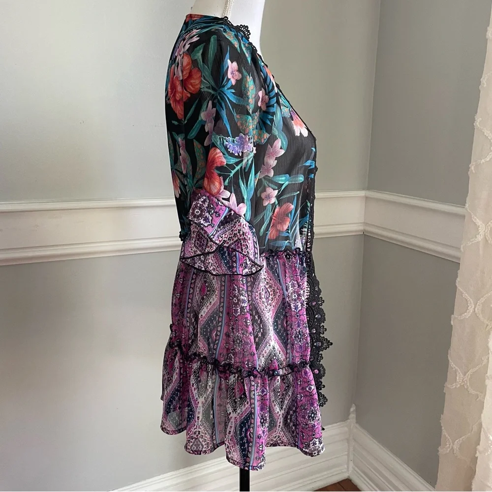 Tru Self Sheer Tropical Floral Kimono Blouse w/ Black Lace Trim – Size Small - Picture 5 of 9